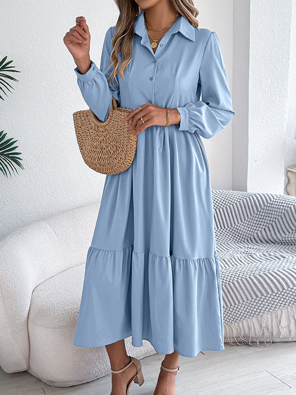 Pleated Ruffled Solid Color High Waisted Long Sleeves Lapel Shirt Dress Midi Dresses