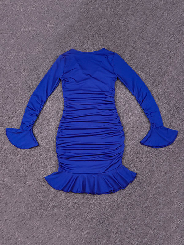 Pleated Ruffled Solid Color Split-Joint Bodycon Elasticated Waist V-Neck Midi Dresses