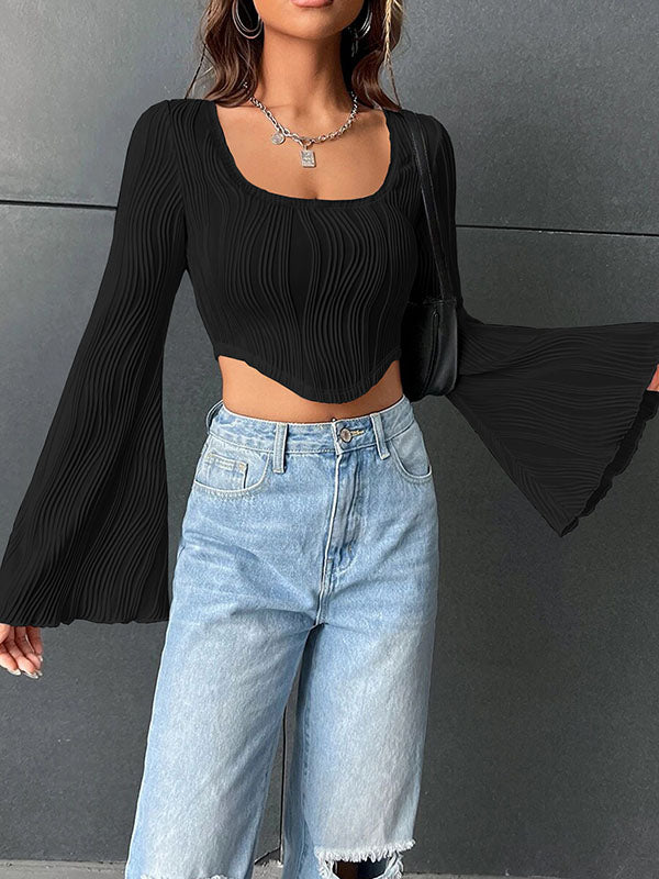 Solid Color Split-Joint Flared Sleeves Long Sleeves U-Neck T-Shirts Tops