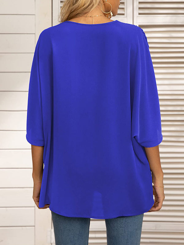 Split-Joint Batwing Sleeves Loose V-neck Blouses&shirts Tops