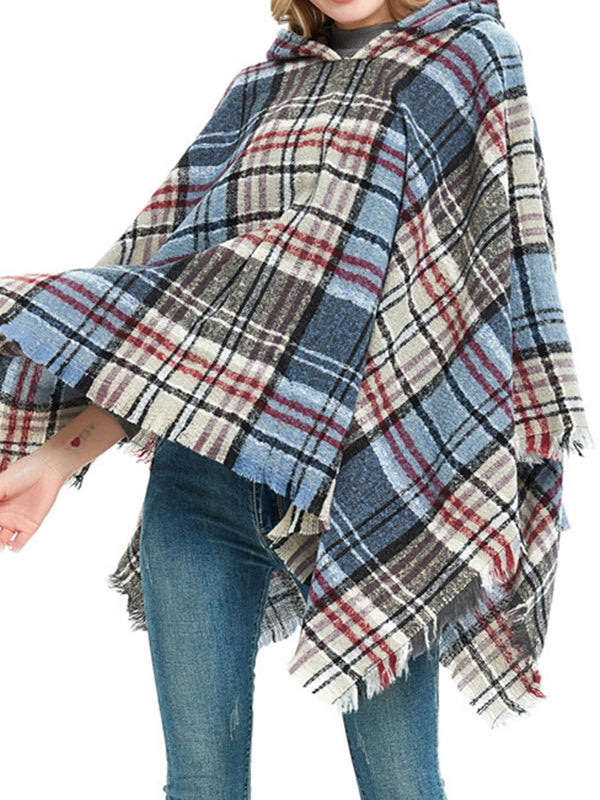 Fringed Hooded Keep Warm Plaid Shawl&Cloak Cape