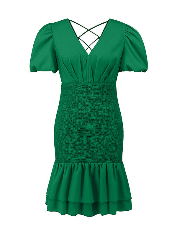 Backless Elasticity Pleated Ruffled Solid Color Split-Joint Tied Loose Puff Sleeves V-Neck Mini Dresses
