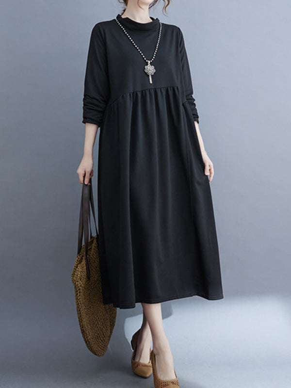 Casual Loose Long Sleeves Solid Color Stand Collar Midi Dresses