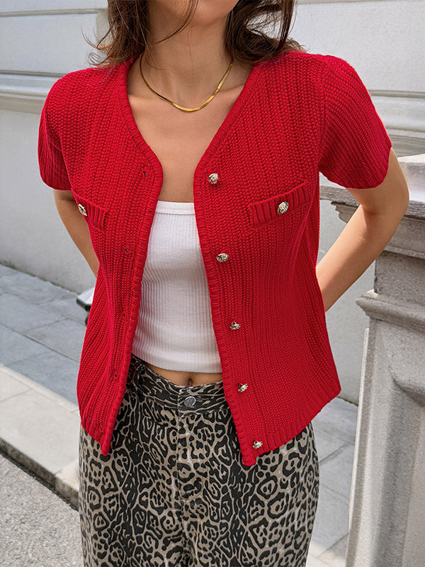 Buttoned Pockets Ribs Solid Color Long Sleeves Collarless Outerwear Cardigan Tops