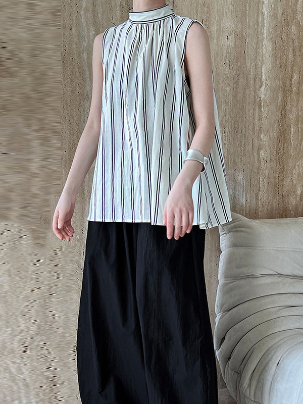 Lace-Up Pleated Split-Joint Streamer Striped Loose Sleeveless Stand Collar Vest Top