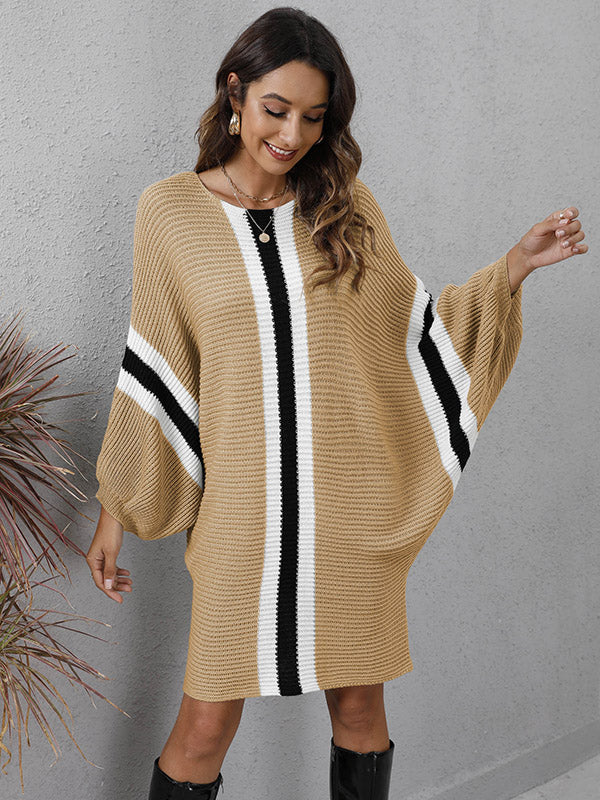 Original Loose 4 Colors Striped Round-Neck Batwing Long Sleeves Sweater Dress