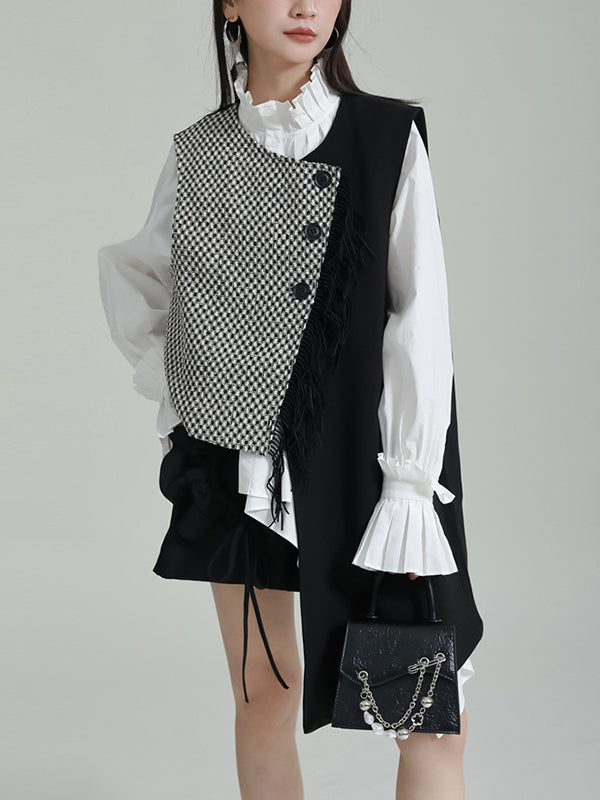 Asymmetric Buttoned Houndstooth Ruffle Sleeves Sleeveless Vest Outerwear