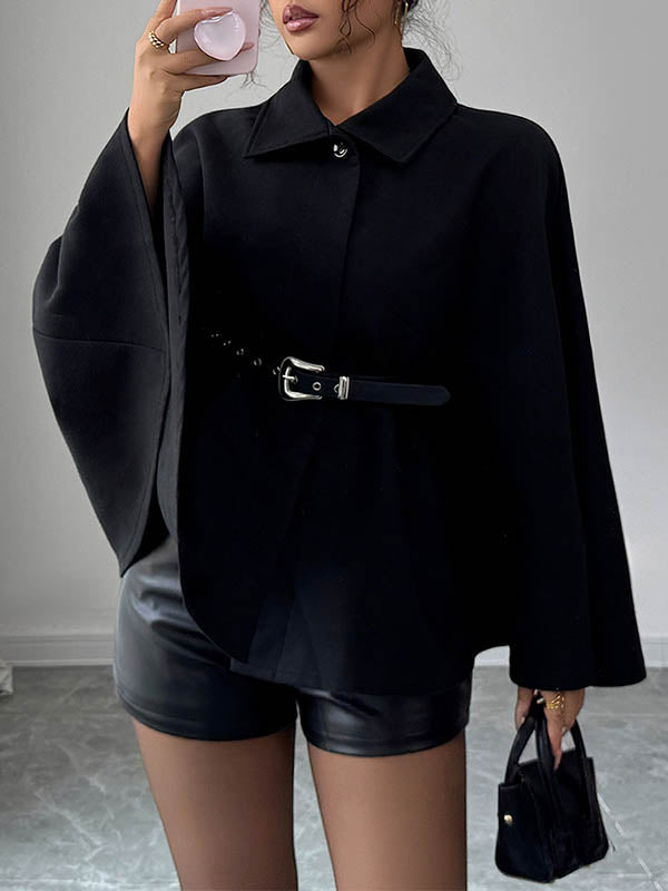 Belted Buttoned Solid Color Batwing Sleeves Long Sleeves Lapel Overcoat