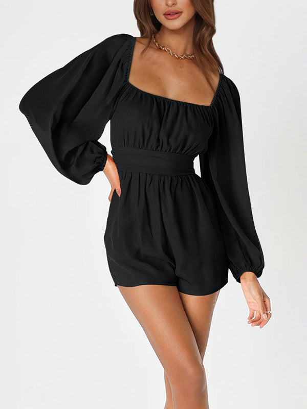Backless Elasticity Solid Color Tied High Waisted Long Sleeves Square-Neck Rompers