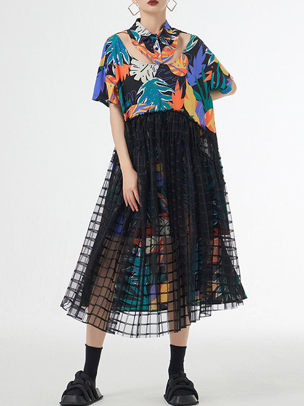 Buttoned Hollow Mesh Printed Split-Joint A-Line Loose Lapel Midi Dresses