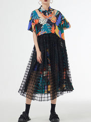 Buttoned Hollow Mesh Printed Split-Joint A-Line Loose Lapel Midi Dresses