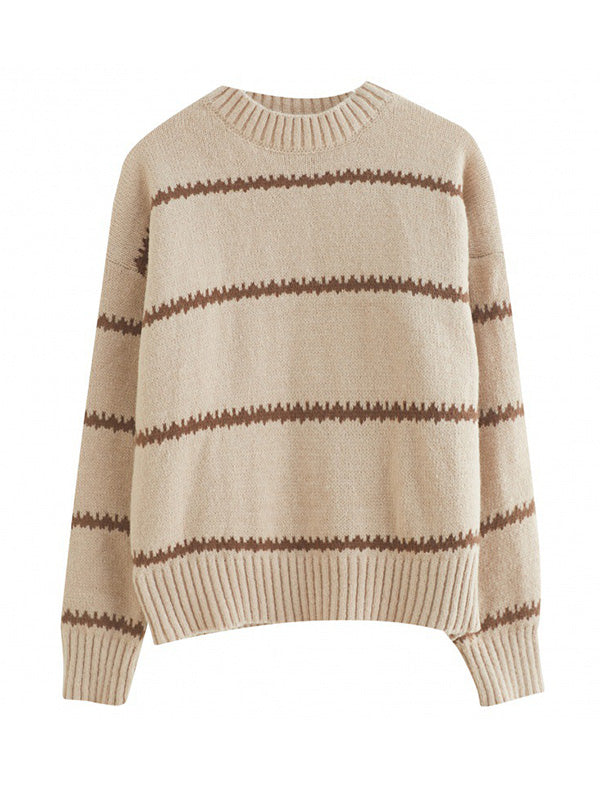 Casual Loose Long Sleeves Striped Round-Neck Sweater Tops