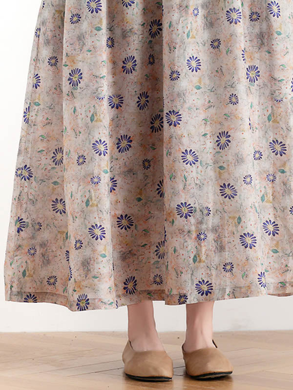 Original Floral Round-Neck Elasticity Waist Midi Dress