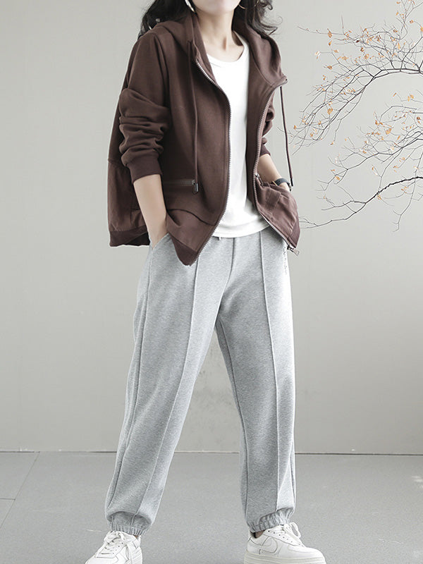 Artistic Retro Loose Long Sleeves Solid Color Zipper Hooded Outerwear