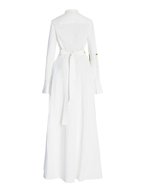Buttoned Flower Print A-Line Long Sleeves Round-Neck Maxi Dresses