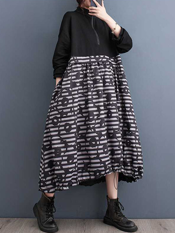 Drawstring Printed Split-Joint Zipper Long Sleeves Loose Midi Dresses