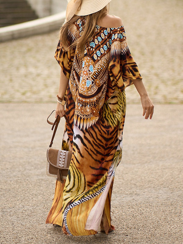 Printed Split-side Tiger Skin Pattern Batwing Sleeves Loose V-neck Maxi Dresses Beach Cover-Up