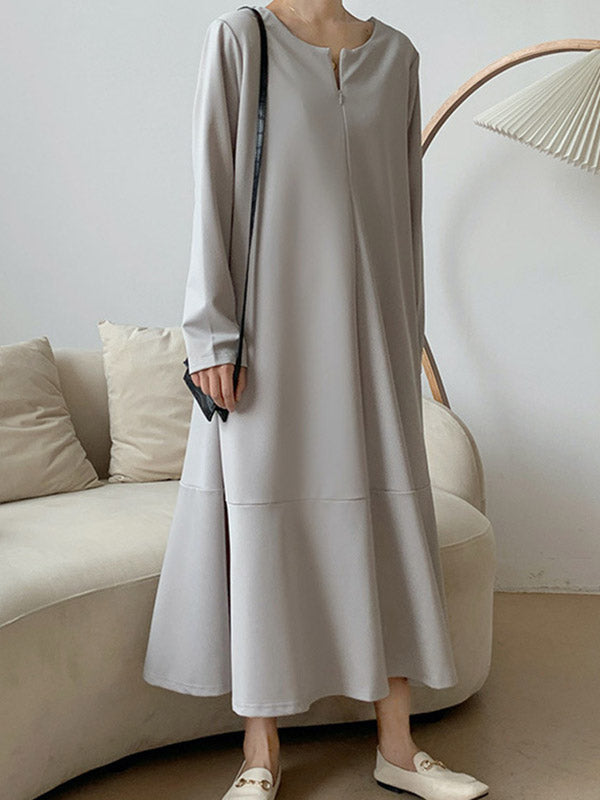 Hollow Solid Color A-Line Long Sleeves V-Neck Midi Dresses