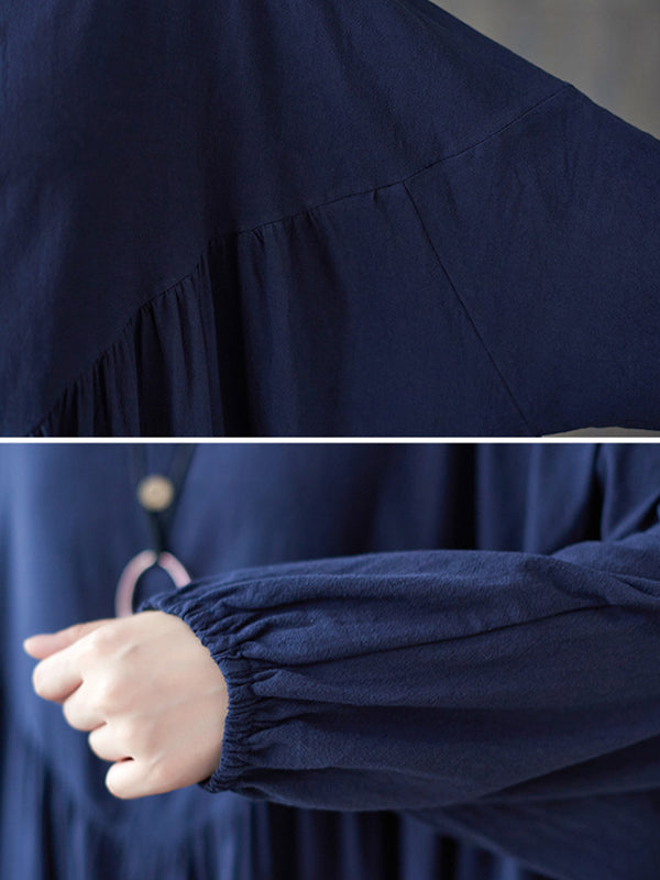 Pleated Solid Color Loose Puff Sleeves Stand Collar Midi Dresses