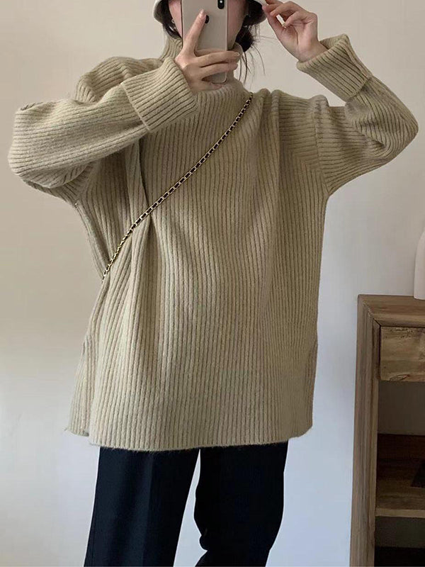 Solid Color Split-Joint Split-Side Long Sleeves Loose High Neck Sweater