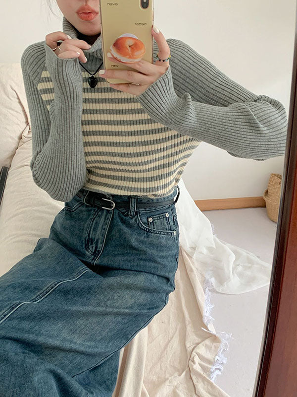 Contrast Color Striped Long Sleeves Skinny High Neck Sweater Tops Pullovers