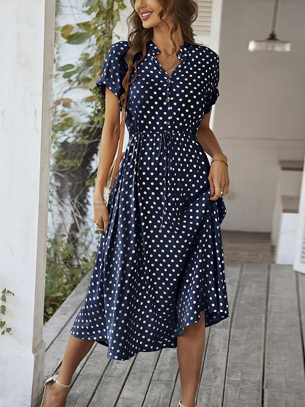 Buttoned Drawstring Polka-Dot A-Line High Waisted V-Neck Shirt Dress Midi Dresses