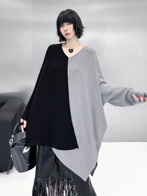 Asymmetric Contrast Color Split-Joint Textured Batwing Sleeves Irregularity V-Neck Sweater Tops