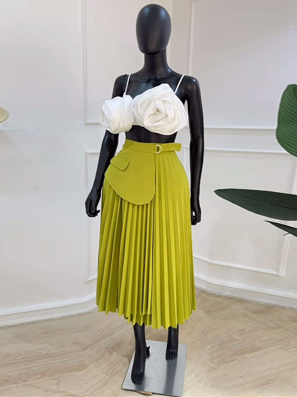 Asymmetric Pleated Solid Color Split-Joint A-Line High Waisted Skirts Bottoms
