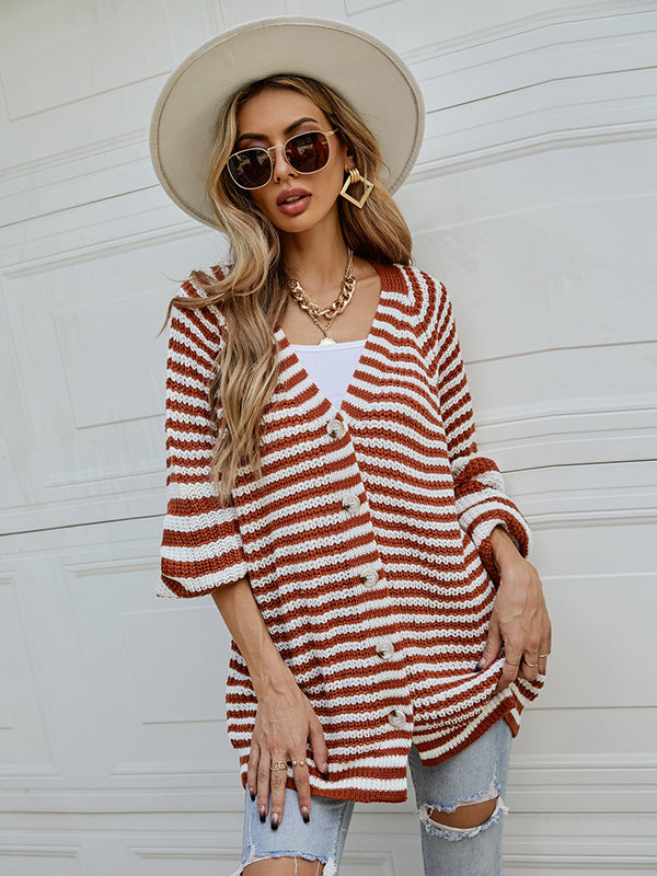 Casual Loose Long Sleeves Striped V-Neck Cardigan Tops