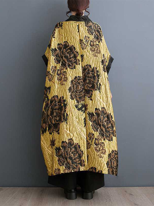 Flower-Embellished Chinese Frog Buttons Pleated Split-Joint Batwing Sleeves Loose V-Neck Outerwear