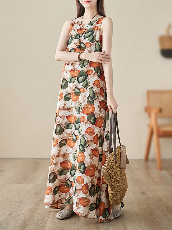 Printed Loose Sleeveless Round-Neck Midi Dresses