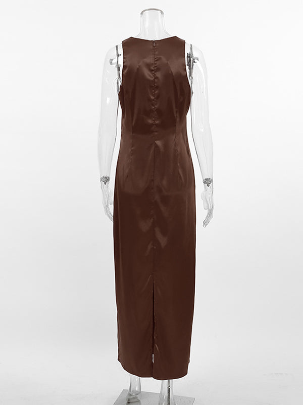 Solid Color Split-back Split-Joint Loose Sleeveless Round-neck Maxi Dresses