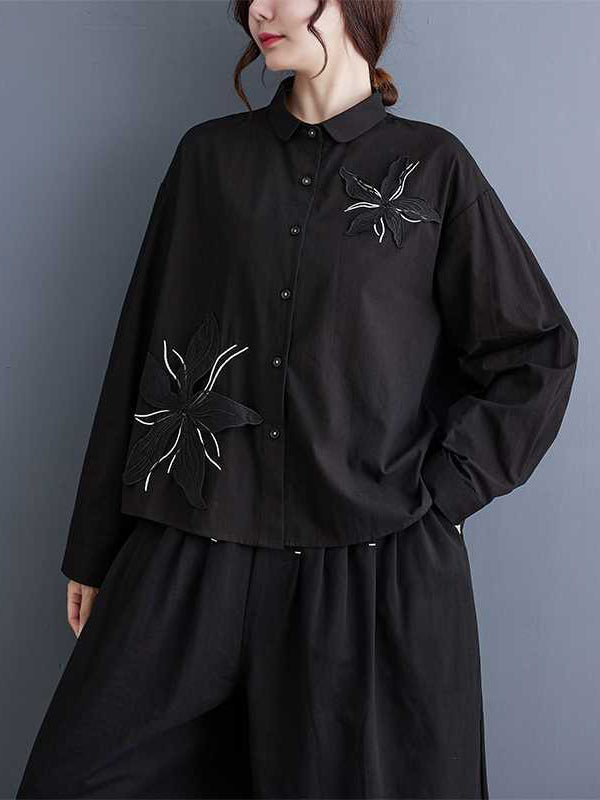 Applique Buttoned Embroidered Long Sleeves Loose Lapel Blouses&Shirts Tops