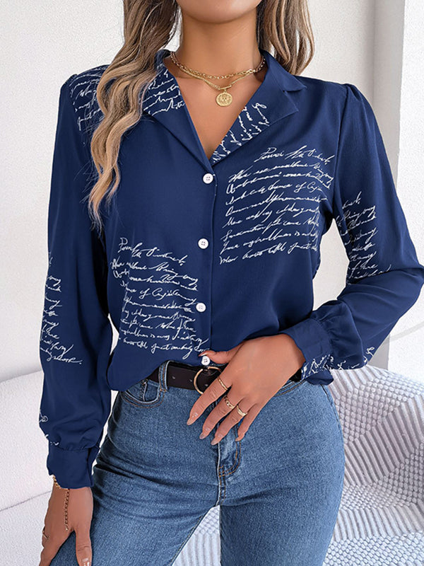 Buttoned Letter Print Long Sleeves Loose Notched Collar Blouses&Shirts Tops