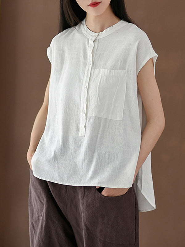 Solid Color Cap Sleeve High-Low Stand Collar Blouses&Shirts Tops