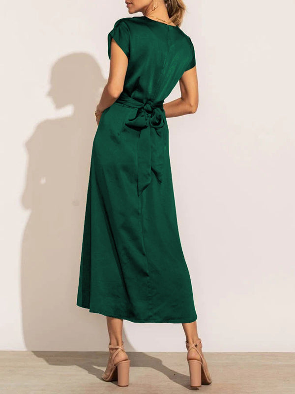 Solid Color Split-Joint Tied Waist Loose Short Sleeves Round-neck Midi Dresses