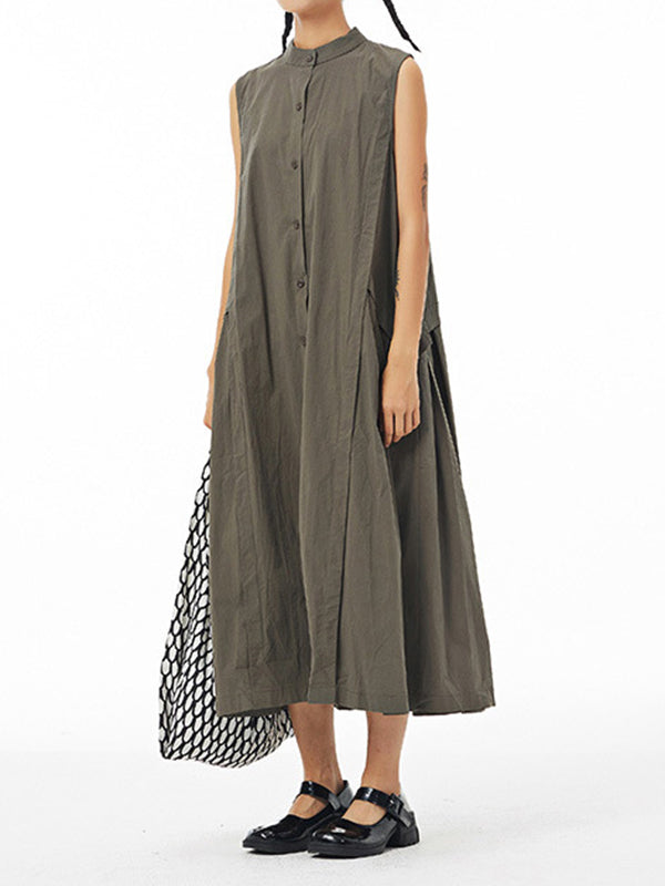 Pleated Solid Color Loose Sleeveless Stand Collar Shirt Dress Midi Dresses