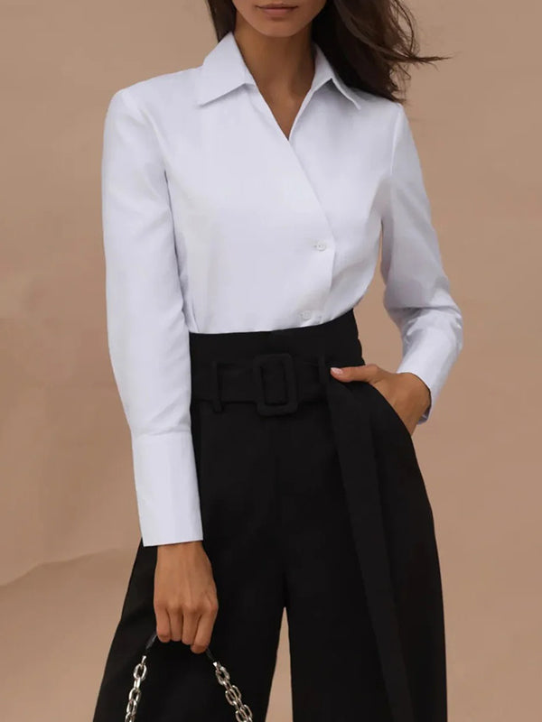 Long Sleeves Loose Solid Color Split-Joint Lapel Blouses