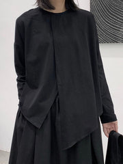 Asymmetric Solid Color Split-Front Split-Joint Long Sleeves Loose Round-Neck T-Shirts