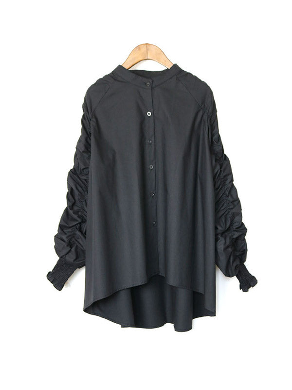 Elasticity Pleated Solid Color Split-Joint High-Low Long Sleeves Round-Neck Blouses