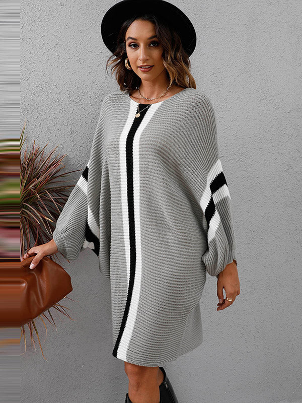 Original Loose 4 Colors Striped Round-Neck Batwing Long Sleeves Sweater Dress