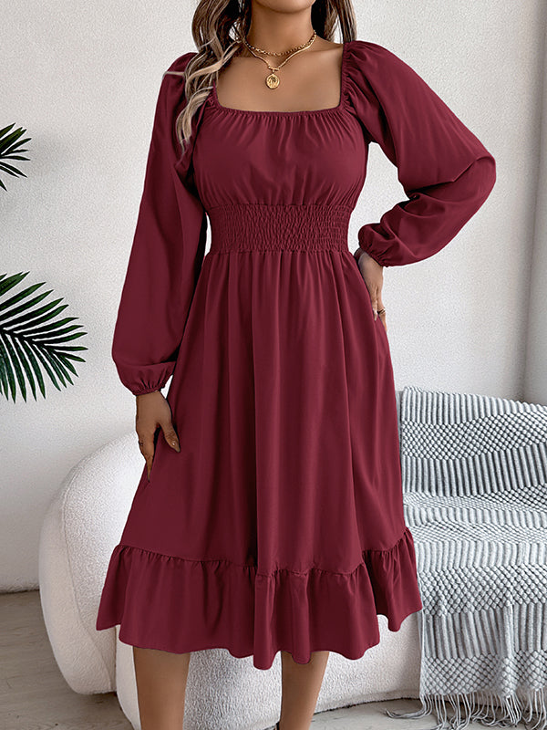 Pleated Ruffled Solid Color A-Line Elasticated Waist Square-Neck Midi Dresses