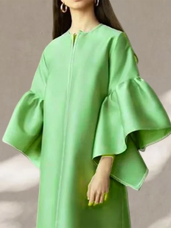Falbala Solid Color Flared Sleeves Wrap Round-Neck Midi Dresses