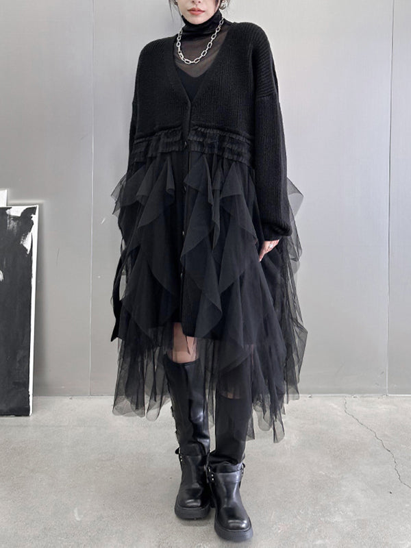 Buttoned Pleated Solid Color Split-Joint Tulle Velvet Long Sleeves Loose V-Neck Cardigan Tops