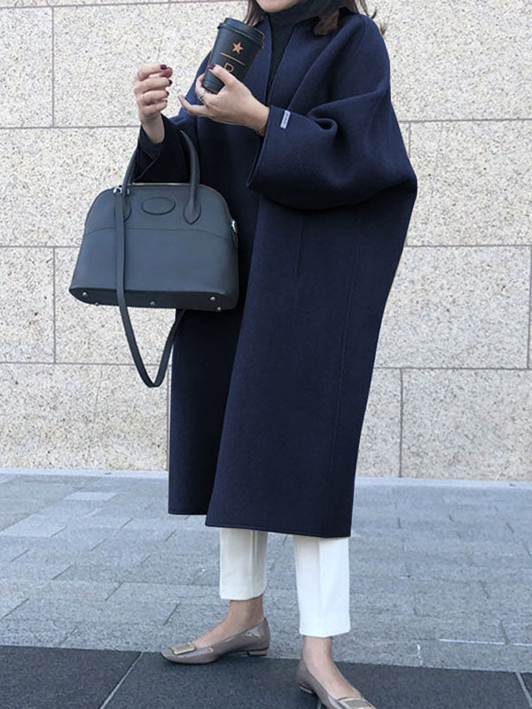 Solid Color Long Sleeves Loose Collarless Woolen Coat