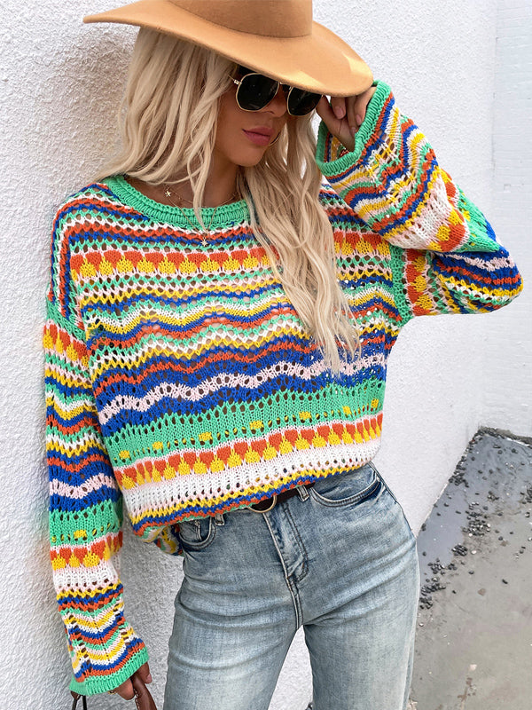 4 Colors Loose Contrast Color Round-Neck Sweater Top