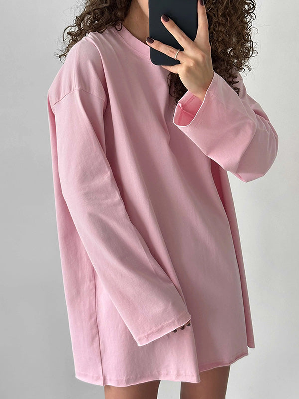 Solid Color Long Sleeves Loose Round-Neck T-Shirts Tops