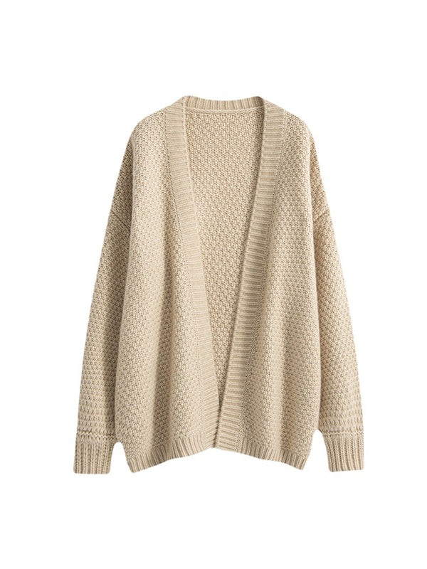 Solid Color Long Sleeves Loose Collarless Cardigan Tops