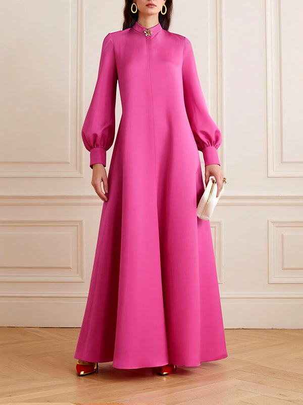 Solid Color Split-Joint Puff Sleeves Round-Neck Shirt Dress Maxi Dresses