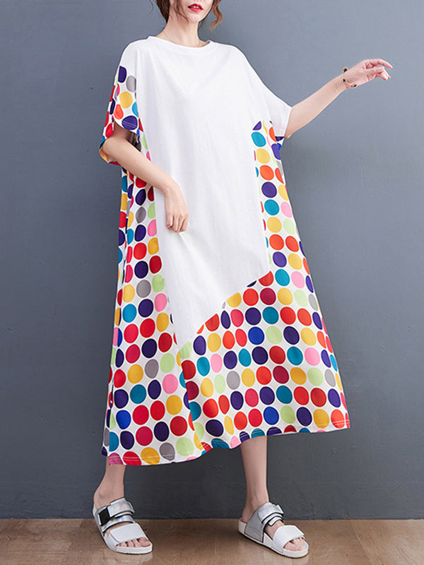 Multi-Colored Polka-Dot Split-Joint Loose Short Sleeves Round-Neck Midi Dresses